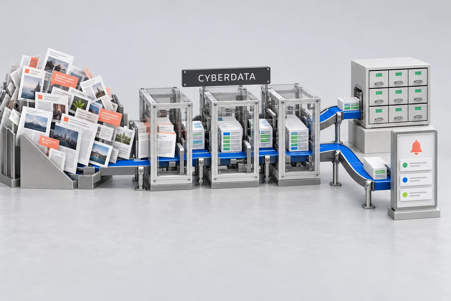 Модель CyberData: поток веб-страниц проходит обработку и превращается в структурированные записи и уведомления