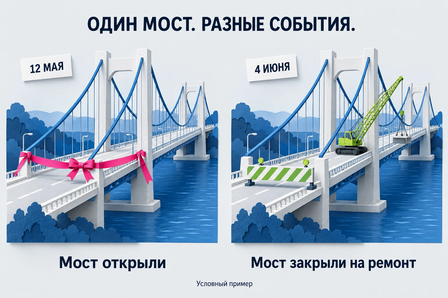 Условный пример: один мост открыли 12 мая, а 4 июня закрыли на ремонт. Это два разных события.