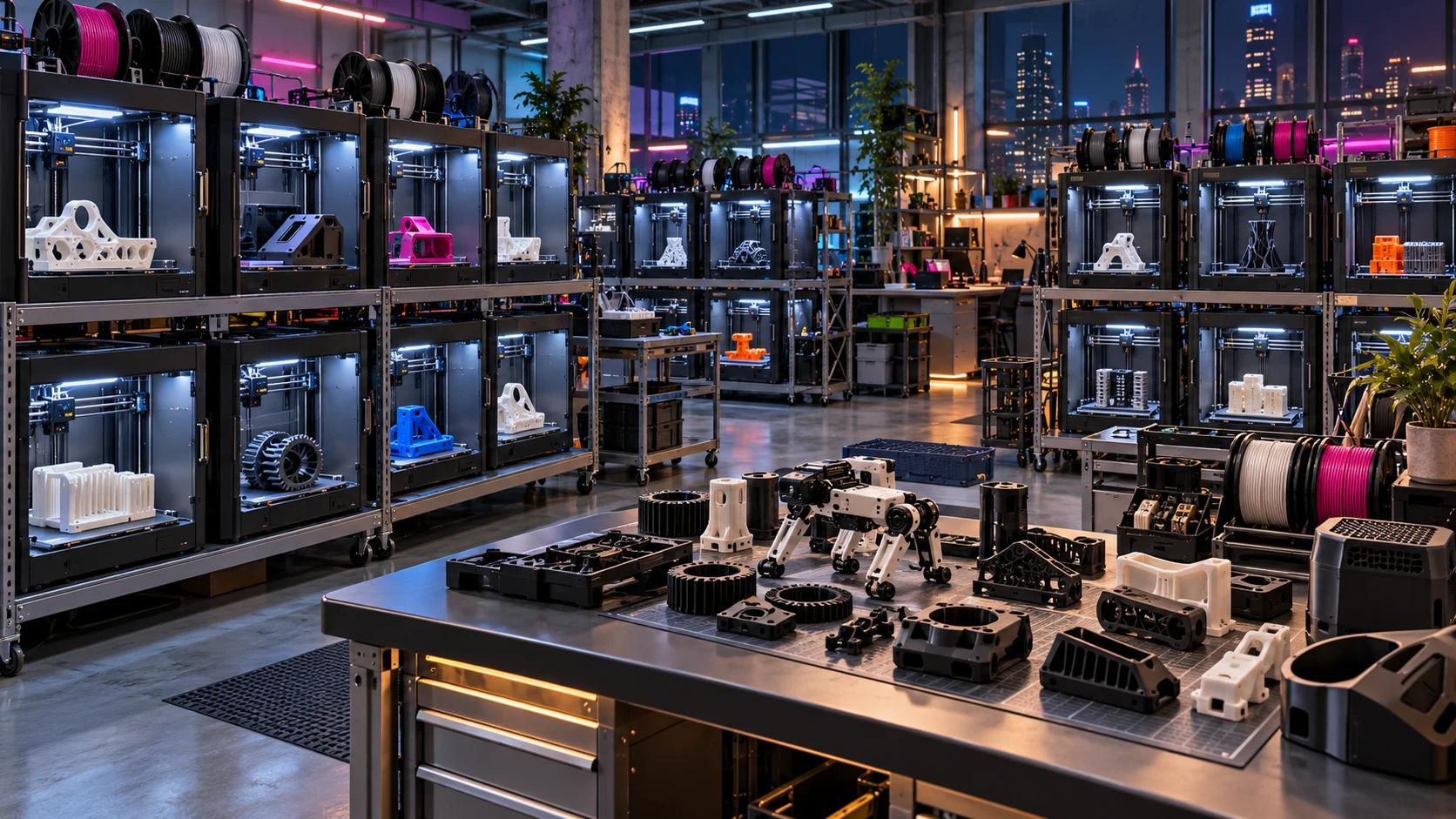 Парк 3D-принтеров XenLab одновременно выпускает корпуса, кронштейны, шестерни и детали для робототехнического прототипа