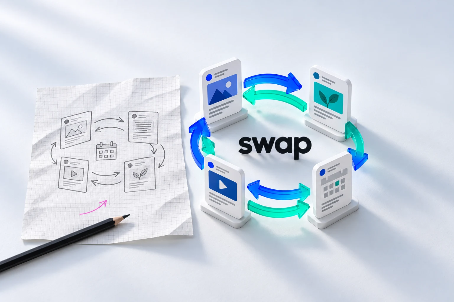 Концептуальная иллюстрация разработки Swap: эскиз связей на бумаге превращается в объёмную сеть карточек публикаций с встречными стрелками.
