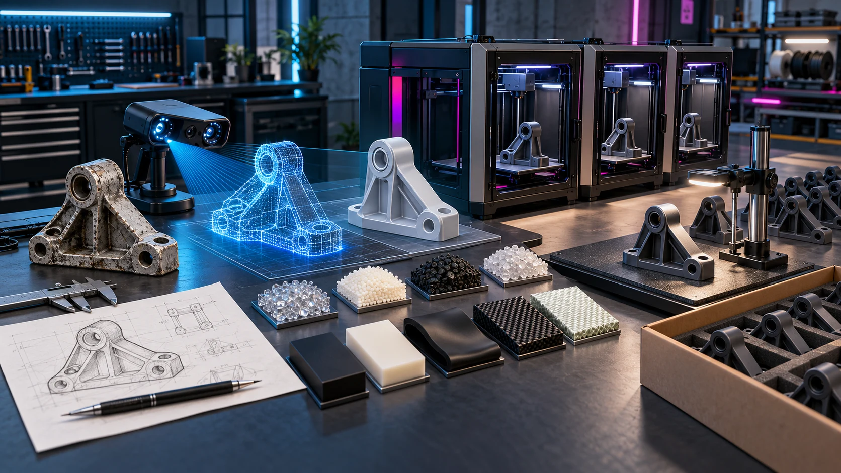 Путь детали в XenLab: исходный образец, 3D-сканирование, цифровая модель, выбор материала, пробная печать, проверка и партия