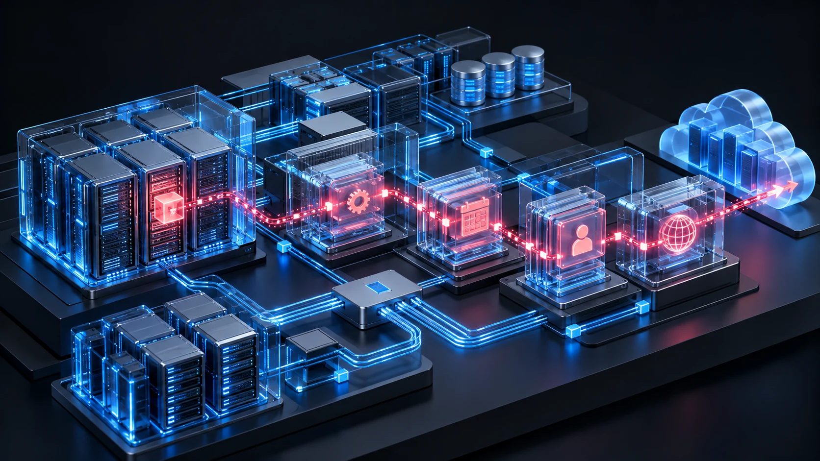 Серверная инфраструктура CyberSignal с синей телеметрией и связанной розовой цепочкой аномальных событий