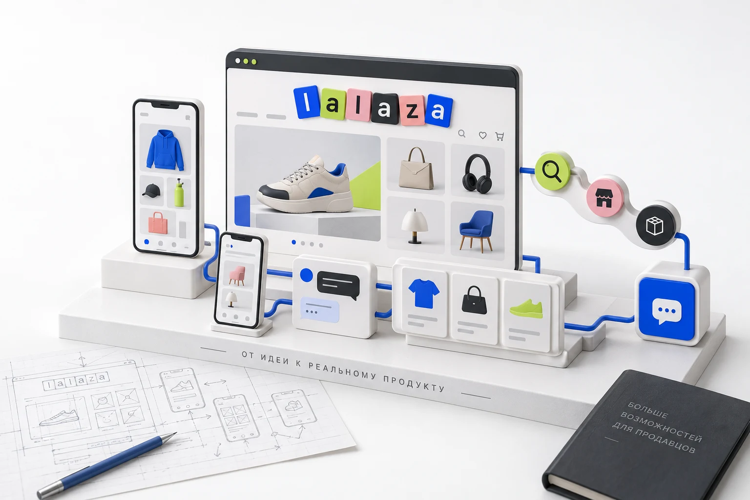 Модель платформы LaLaZa: витрина, мобильные экраны, сообщения и связанные модули